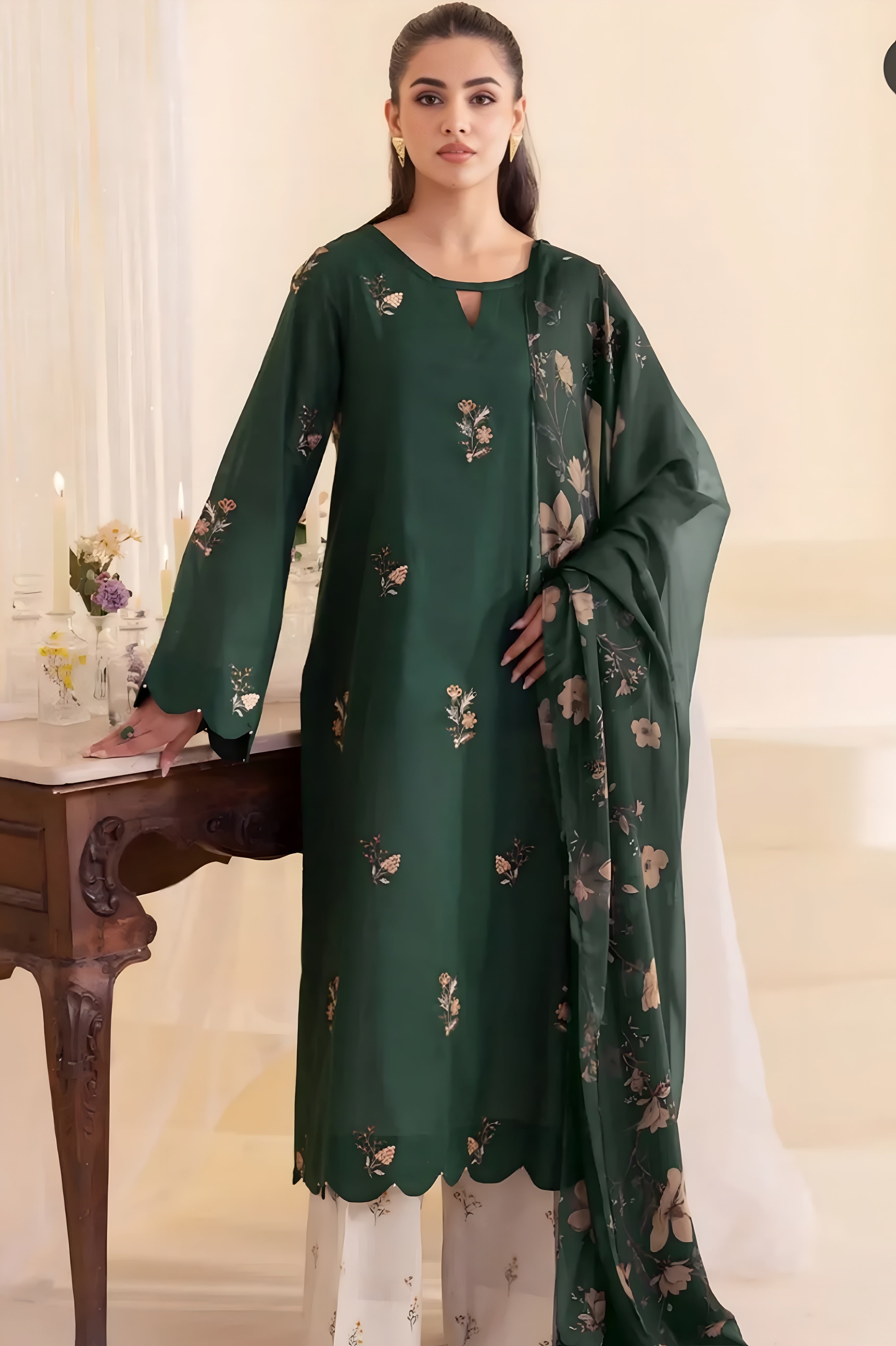 GREEN EMBROIDERED 3 PC