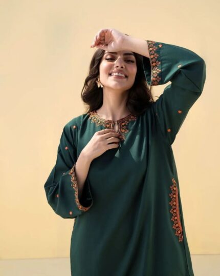 Bottle Green Embroidered Chambray Linen 2-Piece – Summer Collection